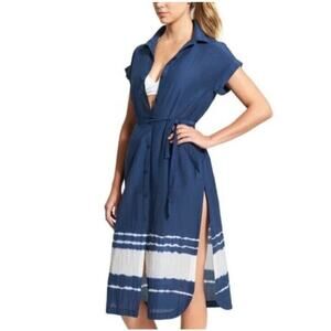 Small Athleta Island Hopper Swim Cover-Up Blue White Ombre Cotton/Silk 623606